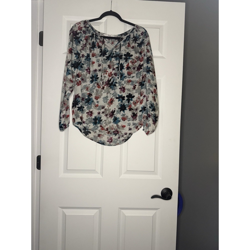 Jack Floral Long Sleeve Tie Neck Top XS Gray Teal Pink Plum